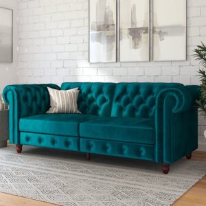 Flex Velvet Sofa Bed With Wooden Legs In Teal