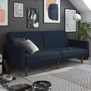 Pawson Linen Fabric Sofa Bed With Wooden Legs In Navy Blue