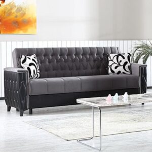 Kanata Plush Velvet Storage 3 Seater Sofa Bed In Grey And Black